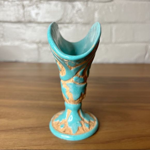 VTG Sgraffito Italian Peasant Village Art Pottery Small Flower Vase Turquoise - Picture 6 of 10